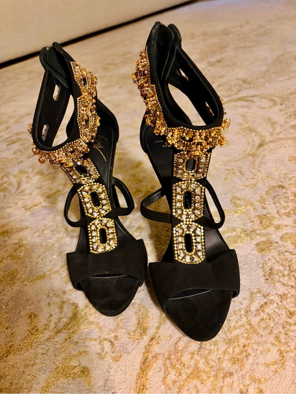 Giuseppe Zanotti Black Suede Heels with Gold Crystal T-Strap